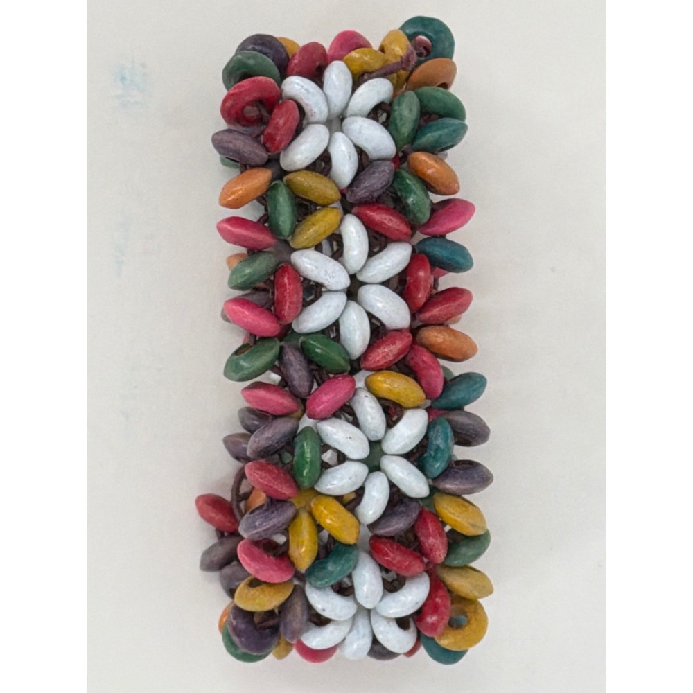Boho Multi Color Wood Bead Stretch Cuff Bracelet Floral Pattern Wide Band